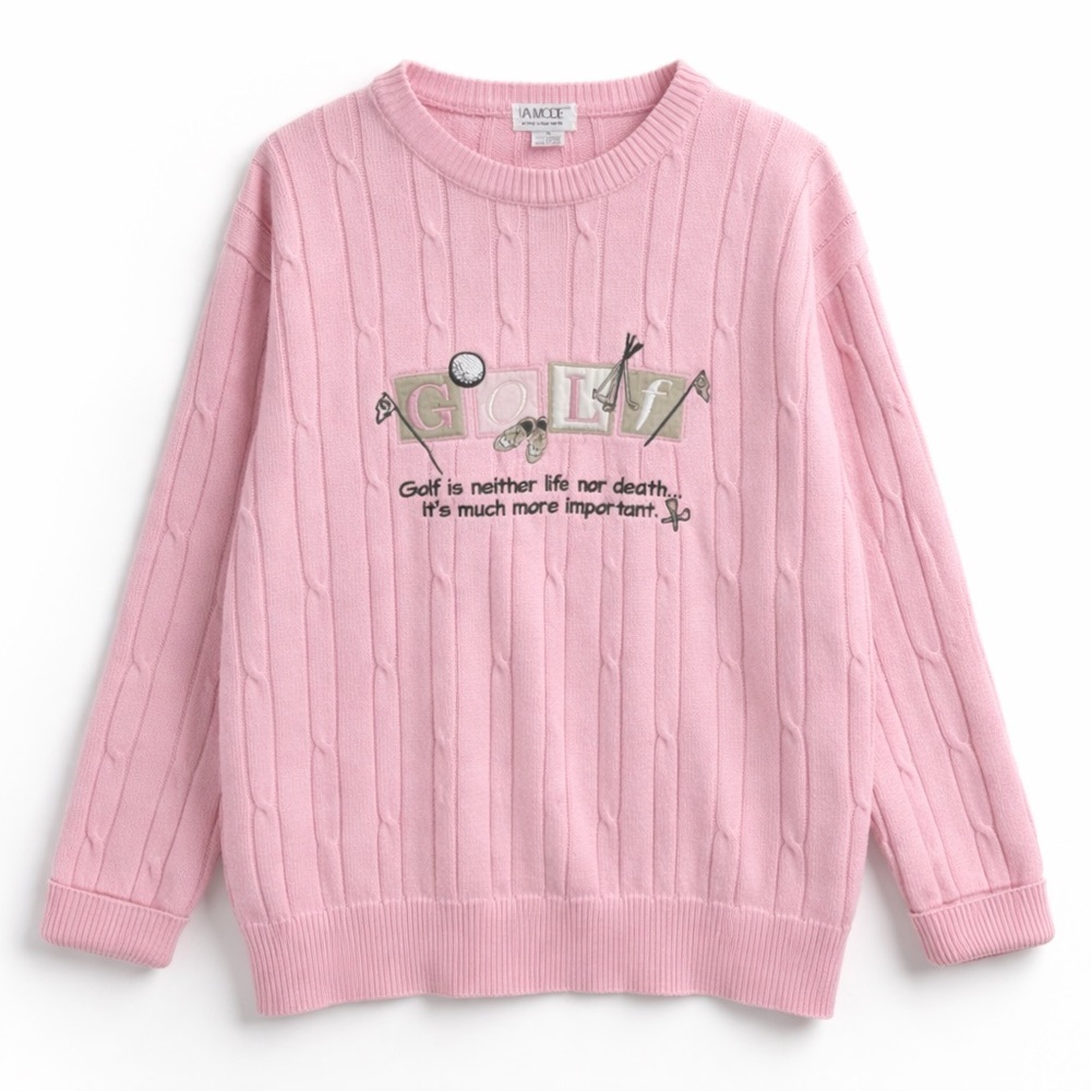 Vintage La Mode Pink Golf Sweater M Cable Knit 100% Cotton Country Club Preppy